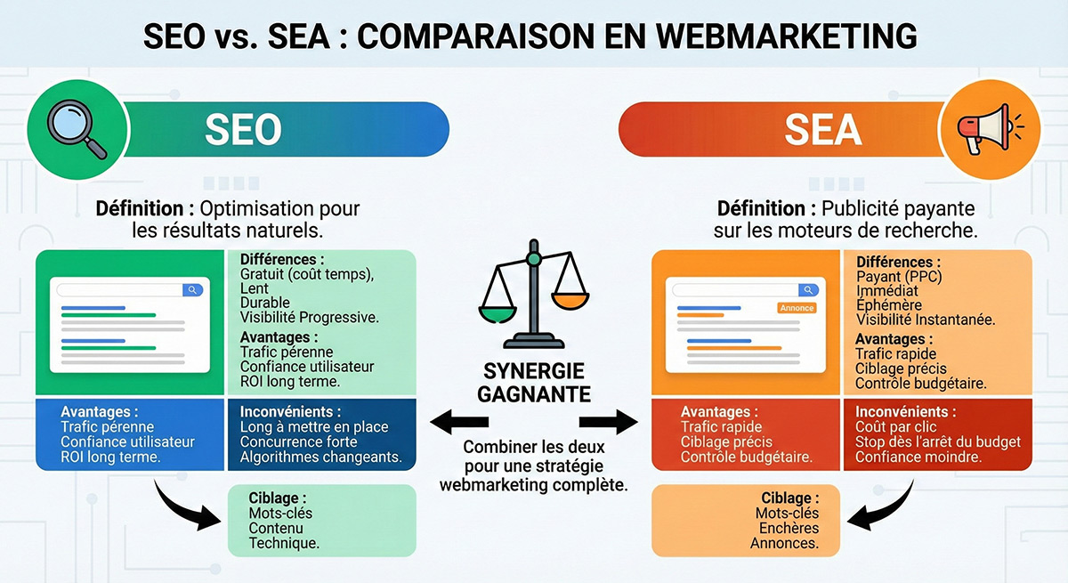 Comparaison seo vs sea en webmarketing. Infographie